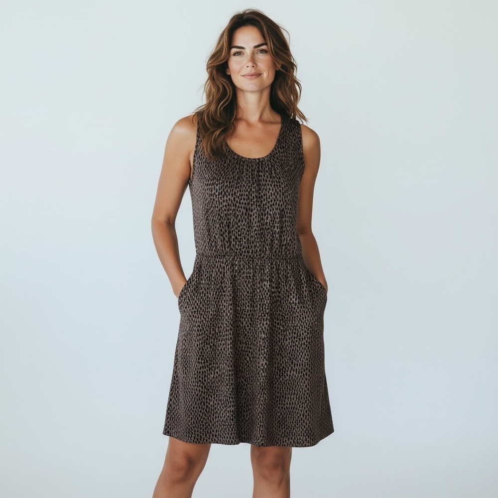 Garnet Hill Women's S Sleeveless Tank Dress Brown Animal Slouchy‎ Pockets EUC